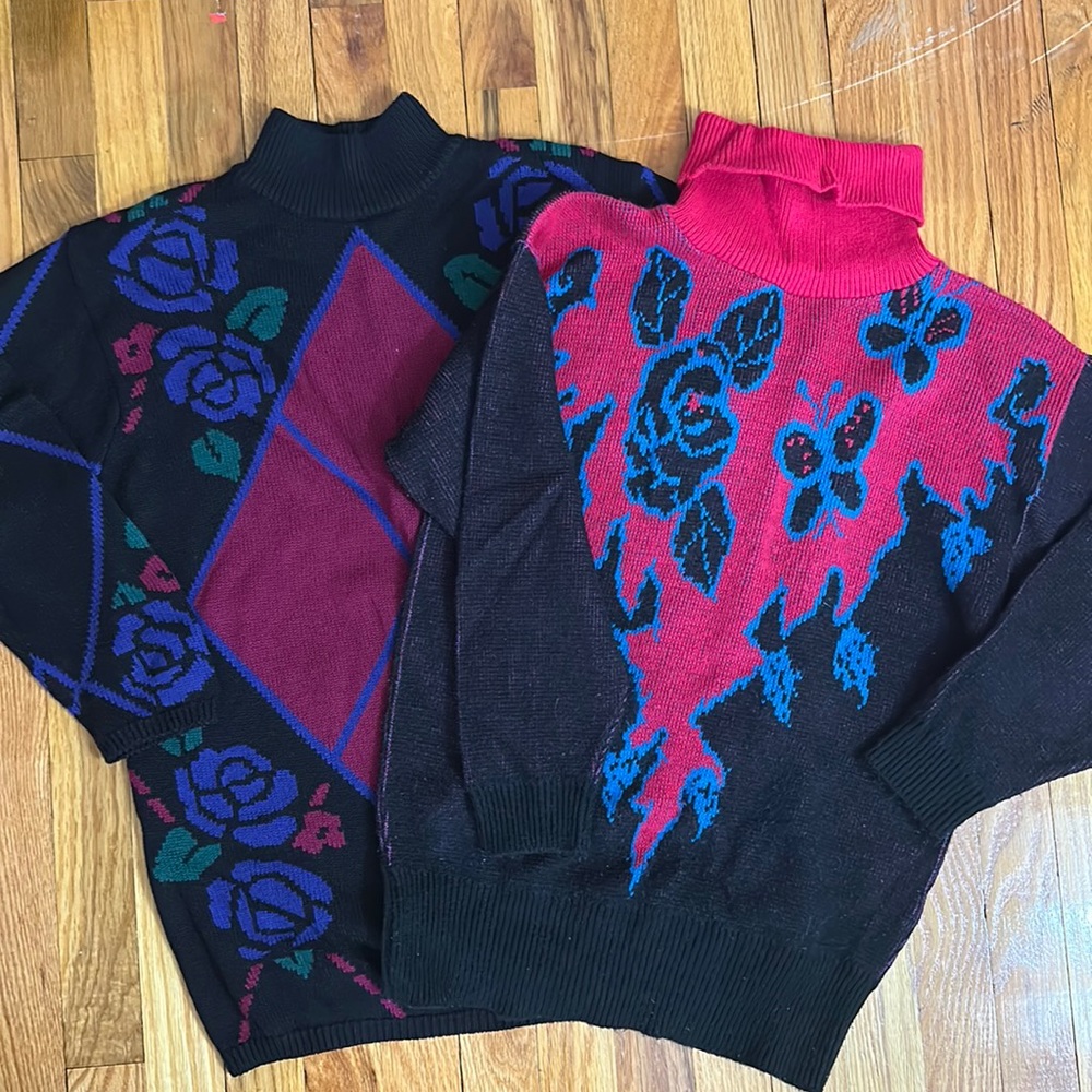 Bundle of two vintage floral sweaters, mock-neck and turtleneck. Oversized